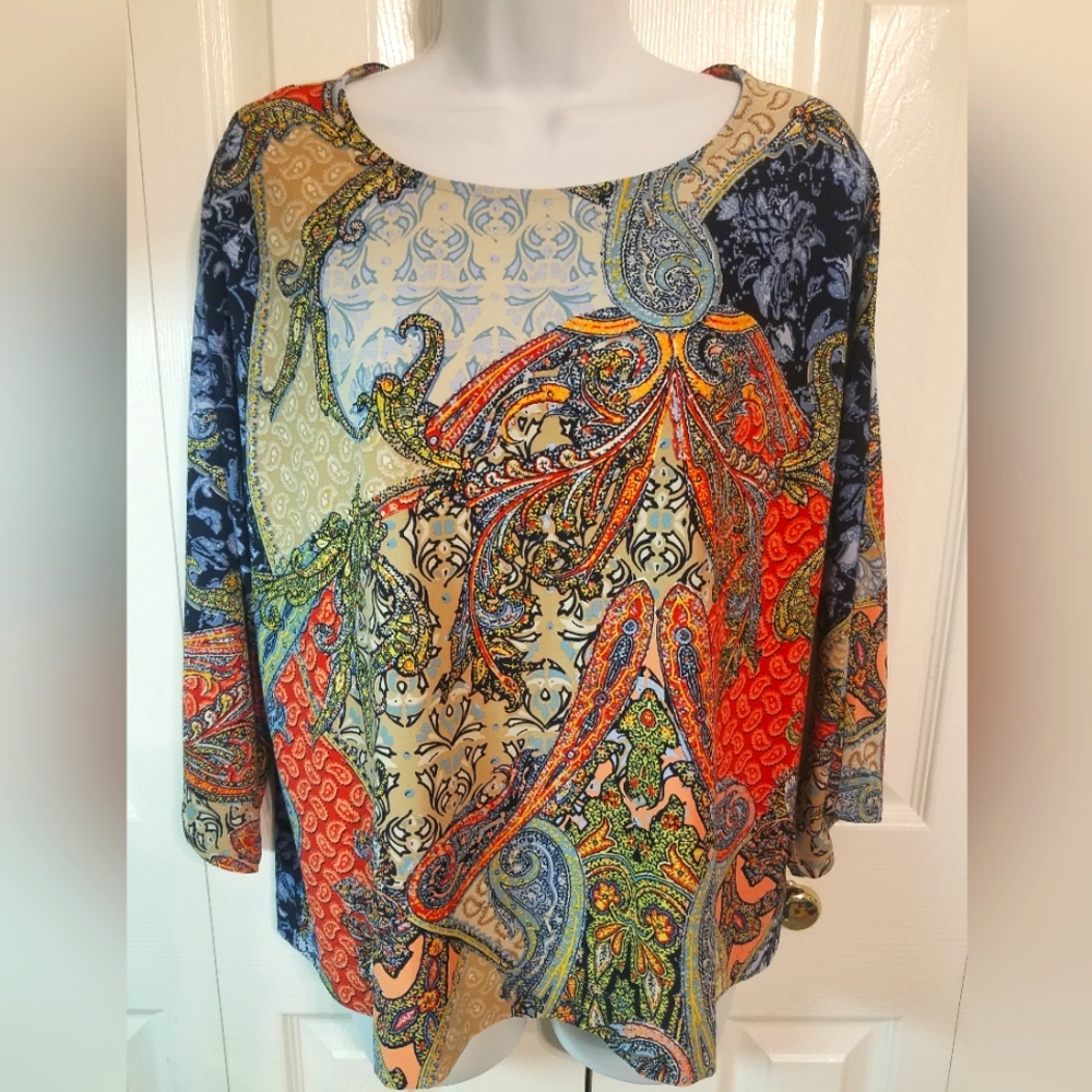Chico's Multicolored Boxy Graphic Blouse 3/4 Sleeve